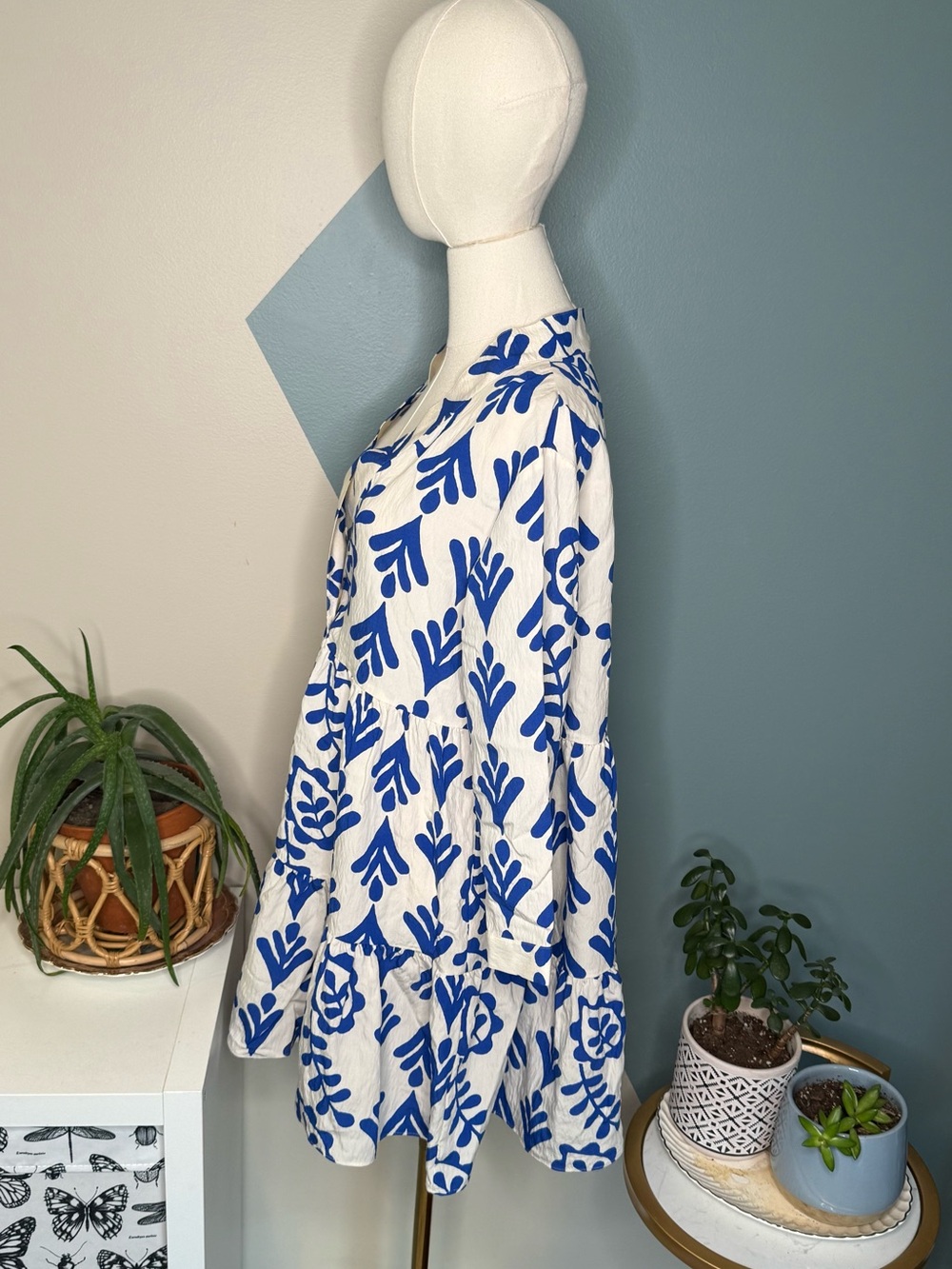 Zara Blue White Mediterranean Print Tiered Babydoll Dress M Coastal Resort - Picture 3 of 10